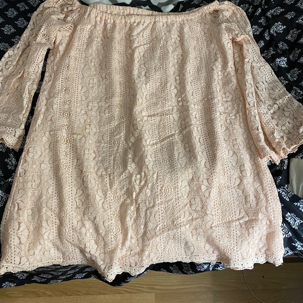 Lacy light pink/peachy off the shoulder dress